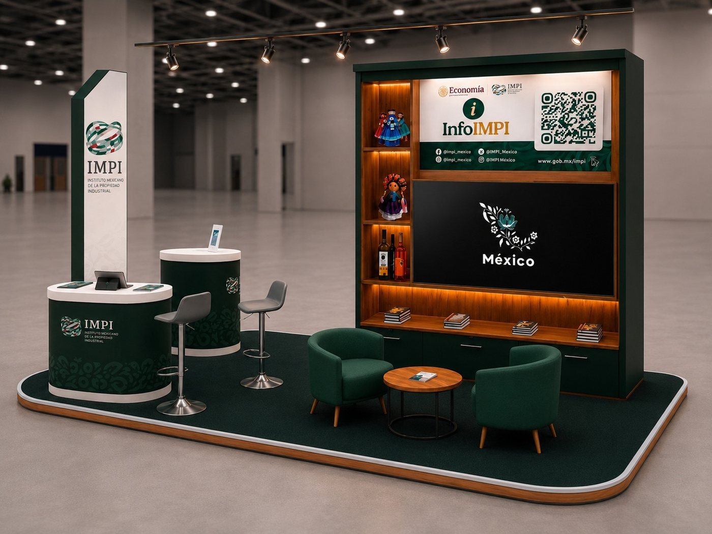 Render 3D del stand InfoIMPI, propuesta de diseño de Markekint antes de fabricar