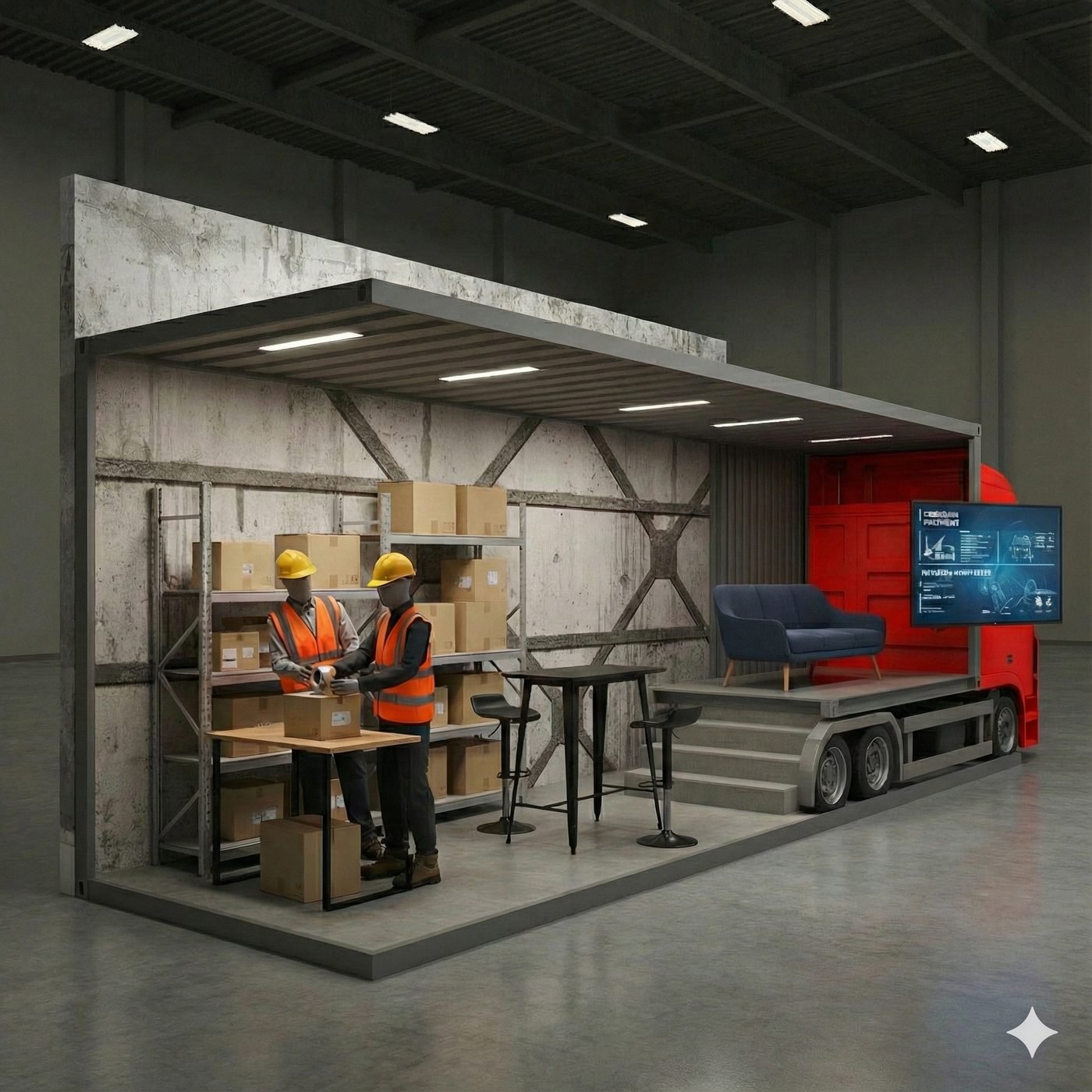 Render 3D de stand personalizado para exposición, propuesta de diseño de Markekint antes de fabricar