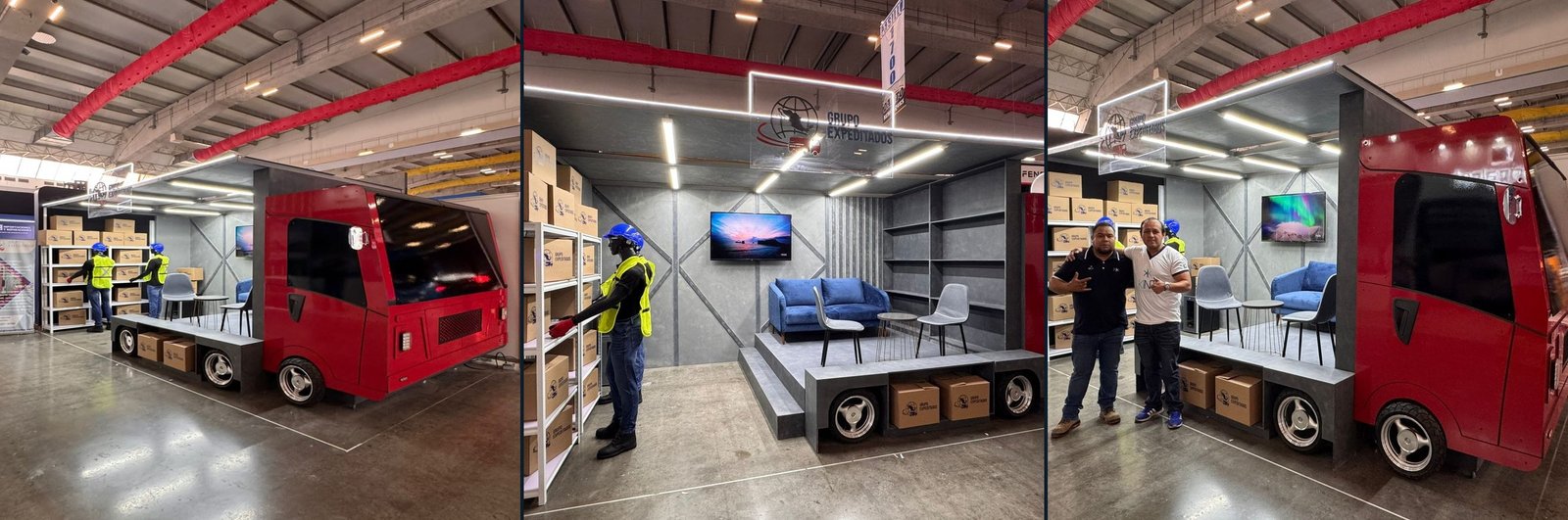 Collage de fotos reales del stand diseñado y fabricado por Markekint para Grupo Expeditados en CDMX: cabina, área de descanso y equipo Markekint en sitio