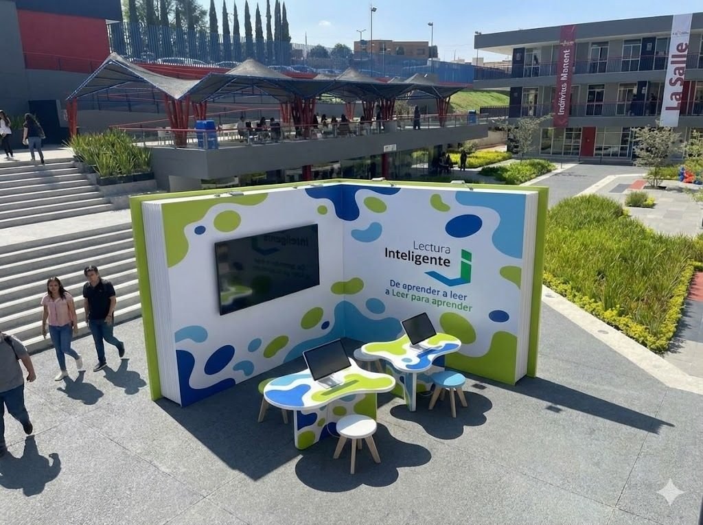 Stand personalizado en forma de libro para exposición educativa Lectura Inteligente
